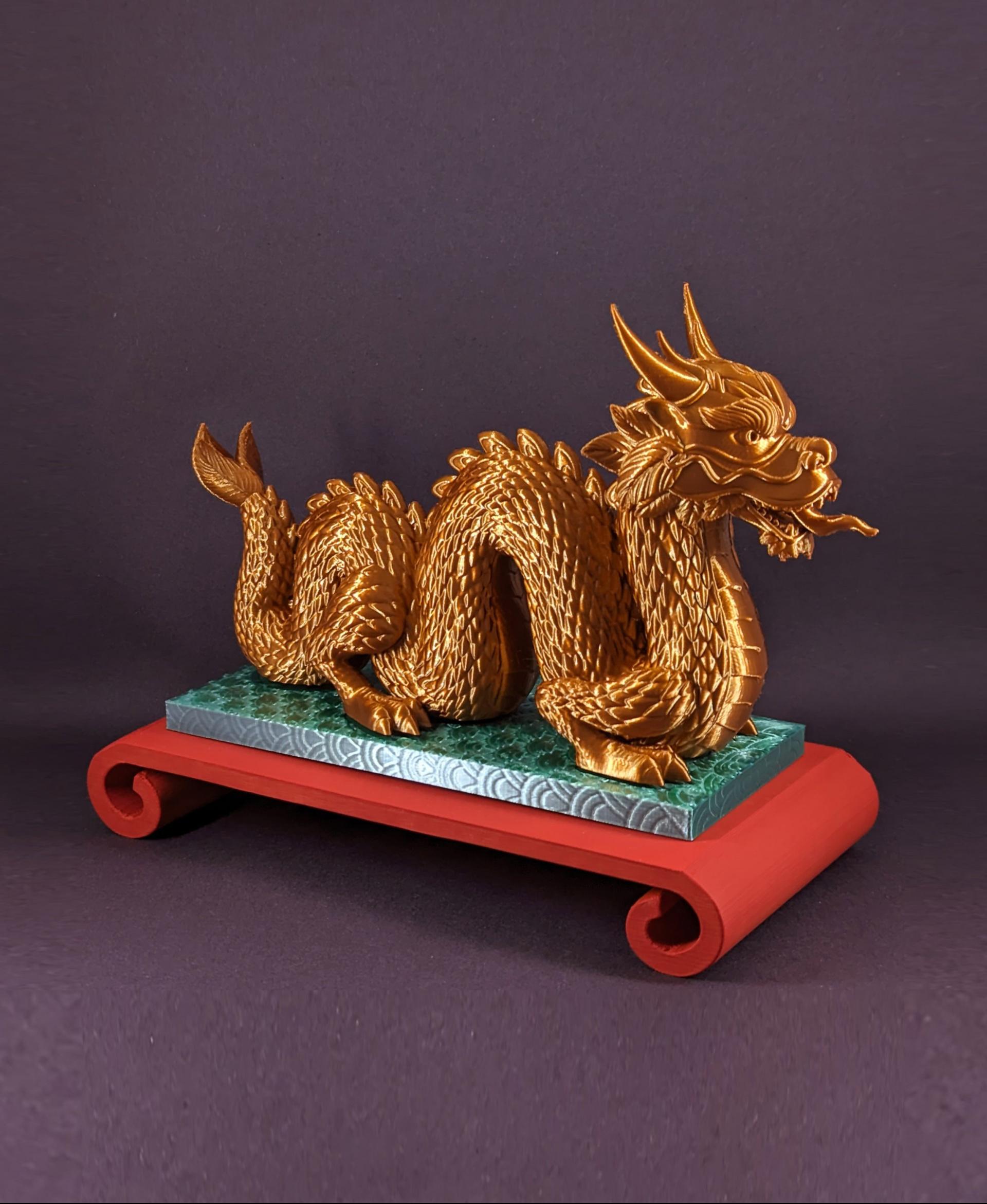 Chinese Dragon -Platform Statue - Fantastic Chinese Dragon printed with Polymaker Silk Bronze, with top base sparkling in Jadeite - 3d model